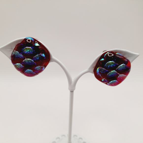 Artisan Iridescent Red Dichroic Glass Clip On Earrings Handmade Vintage Style - Picture 5 of 9